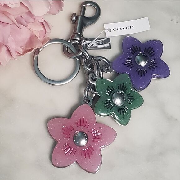 Coach Glitter Flower Cluster Charm/Keychain Pink Green Purple w/ Silver Hardware
